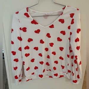 White V-neck top with red hearts first love brand size small